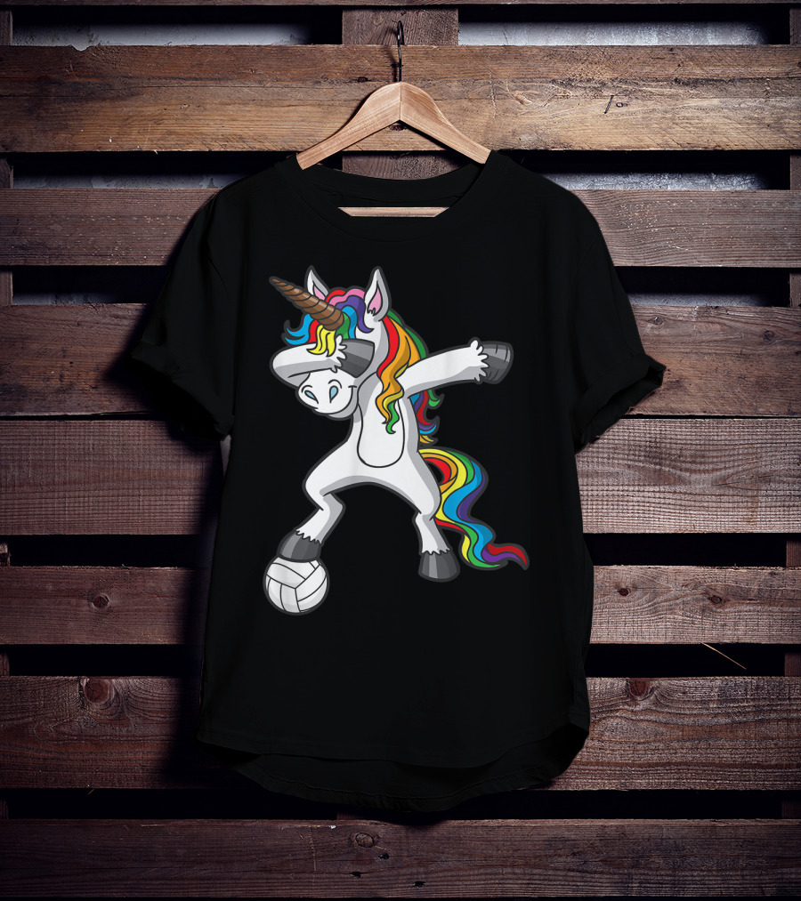 Dabbing Unicorn With Volleyball And Rainbow Mane T-Shirt