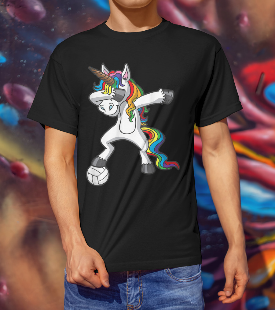 Dabbing Unicorn With Volleyball And Rainbow Mane T-Shirt
