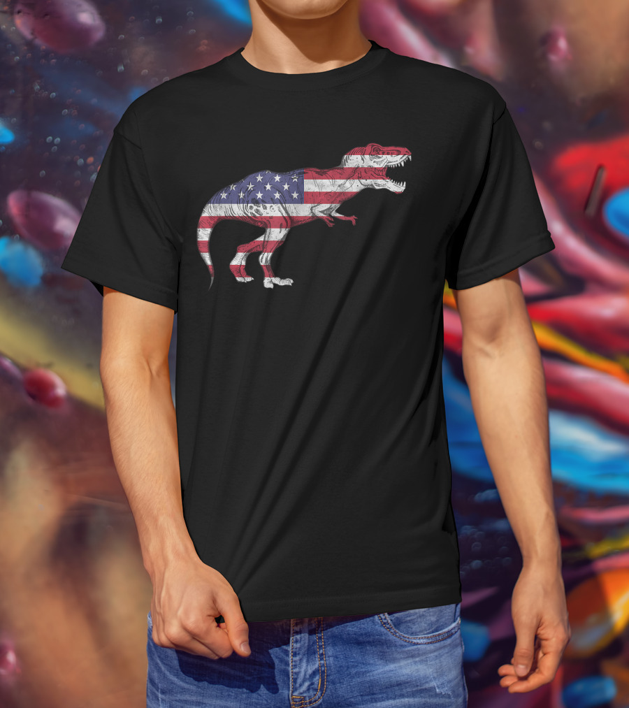 Dino USA American Flag Tyrannosaurus Patriotic Dinosaur T-Shirt