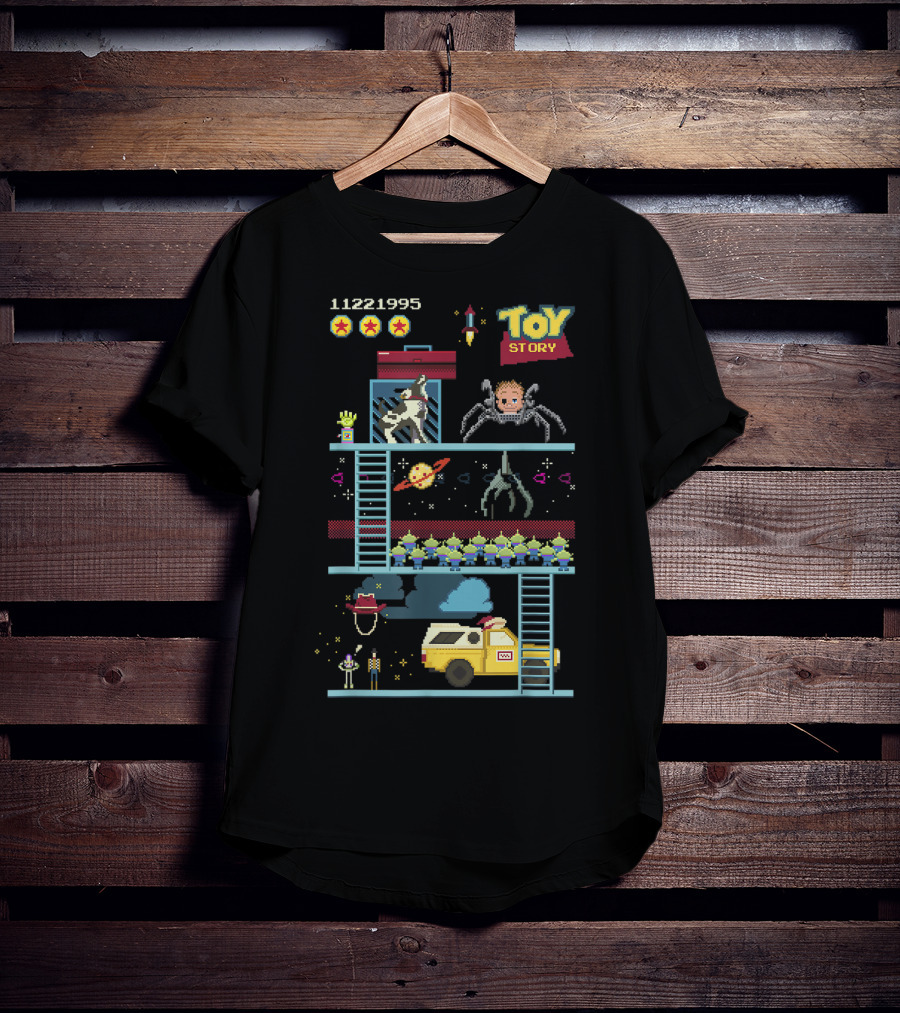 Toy Story 8 Bit Video Game Scene With Retro Pixel Art Adventure T-Shirt