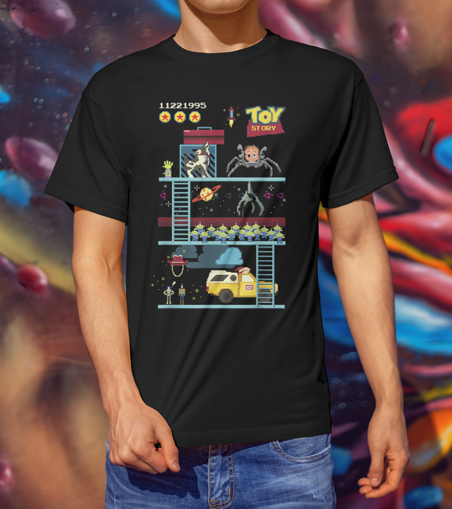 Toy Story 8 Bit Video Game Scene With Retro Pixel Art Adventure T-Shirt