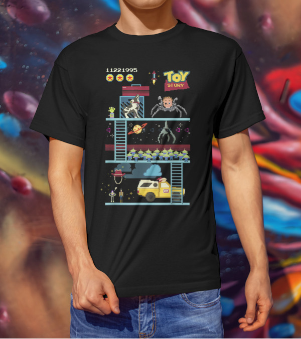 Toy Story 8 Bit Video Game Scene With Retro Pixel Art Adventure T-Shirt