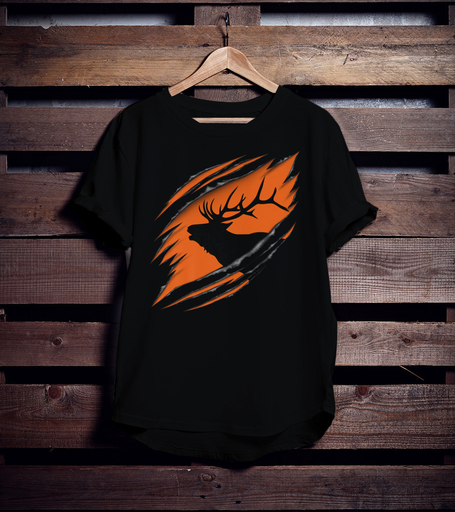 Elk Hunting Silhouette With Tear Marks On Orange T-Shirt
