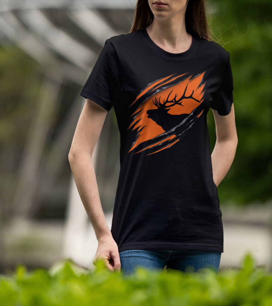 Elk Hunting Silhouette With Tear Marks On Orange T-Shirt