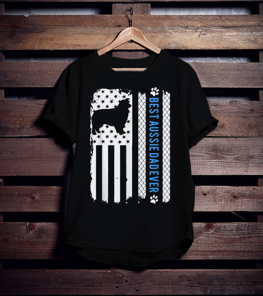 Best Aussie Dad Ever American Flag Dog Silhouette And Paw Prints T-Shirt