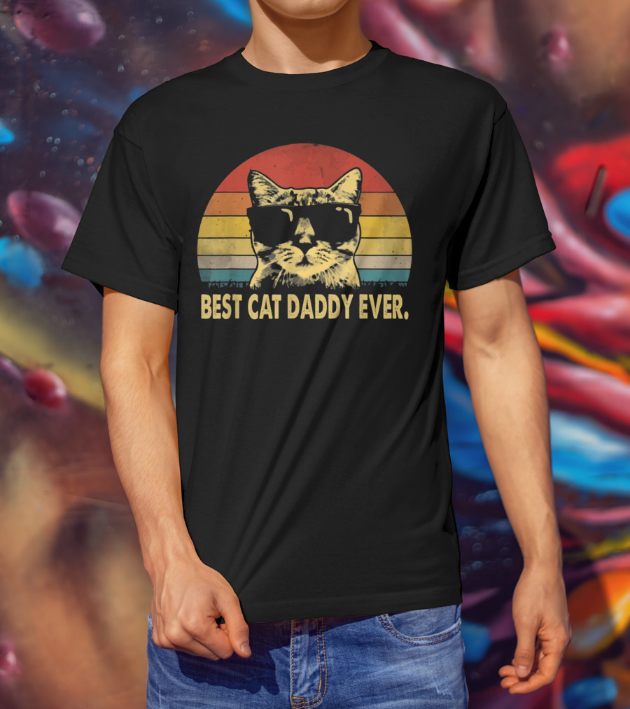 Best Cat Daddy Ever Vintage Sunglasses Cat Retro Stripes T-Shirt