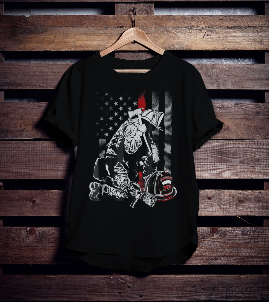 Firefighter Kneeling With Vintage USA Flag And Fire Helmet 343 T-Shirt