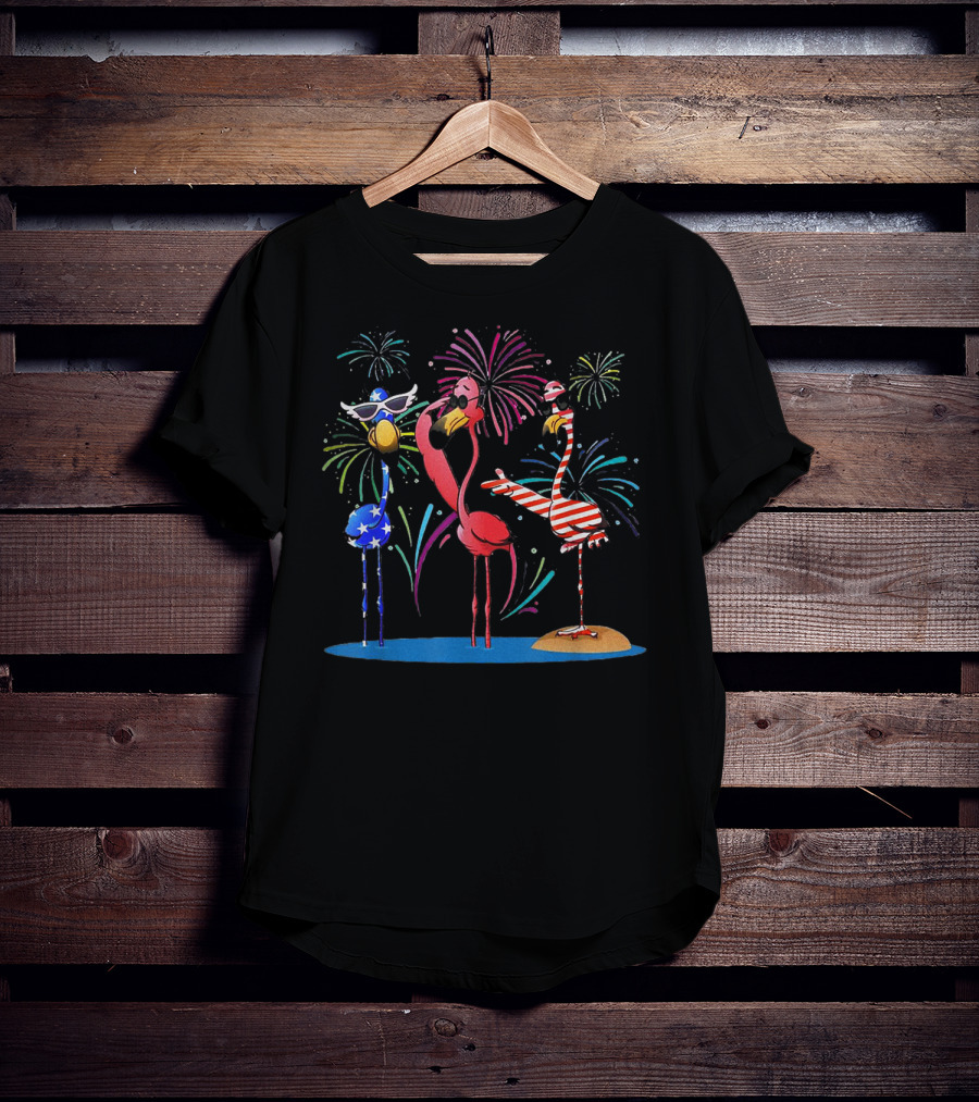 Flamingo American Flag Fireworks Patriotic Celebration With Sunglasses And Stripes T-Shirt