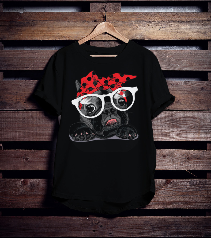 French Bulldog With Red Polka Dot Headband And White Glasses T-Shirt