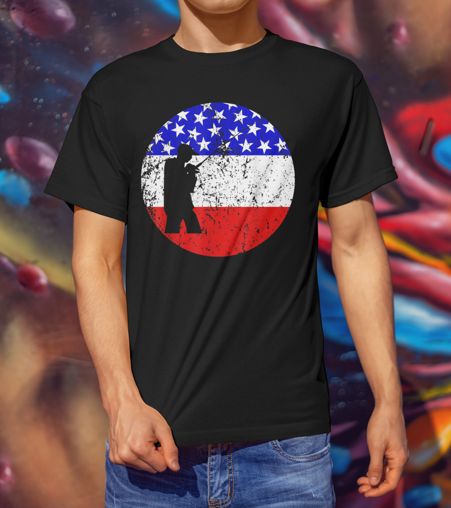 American Flag Vintage Fisherman Silhouette Rustic Retro Fishing T-Shirt