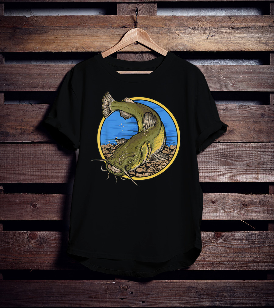 Catfish Fishing Against Colorful Water With Circle Background T-Shirt
