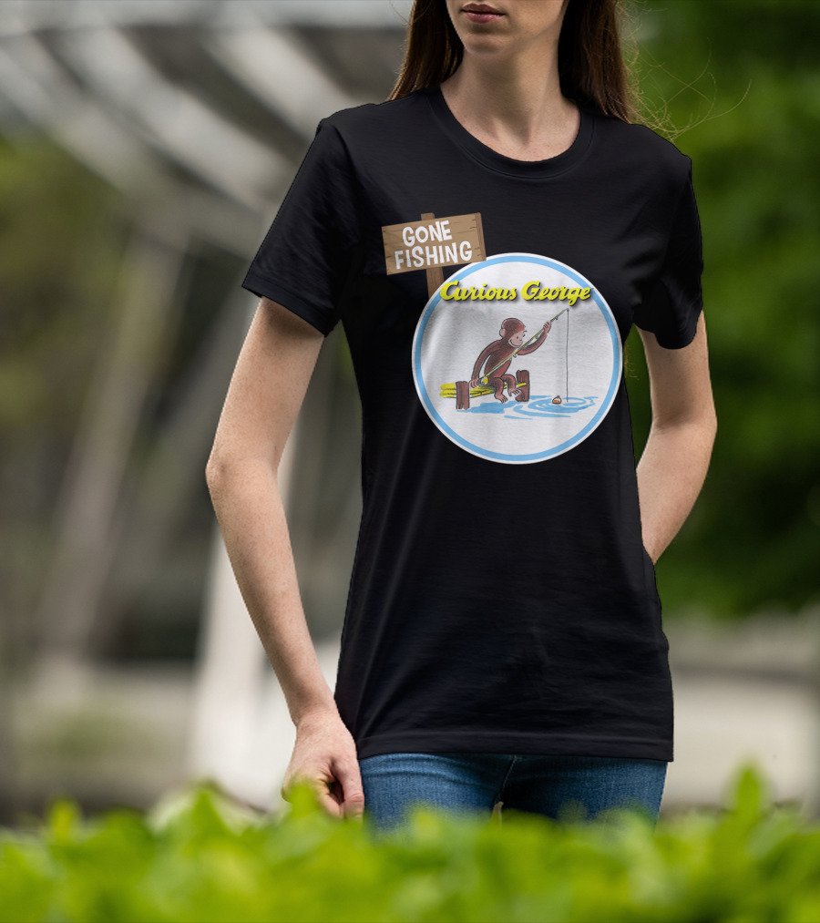 Curious George Gone Fishing Sign And Circle Scene T-Shirt