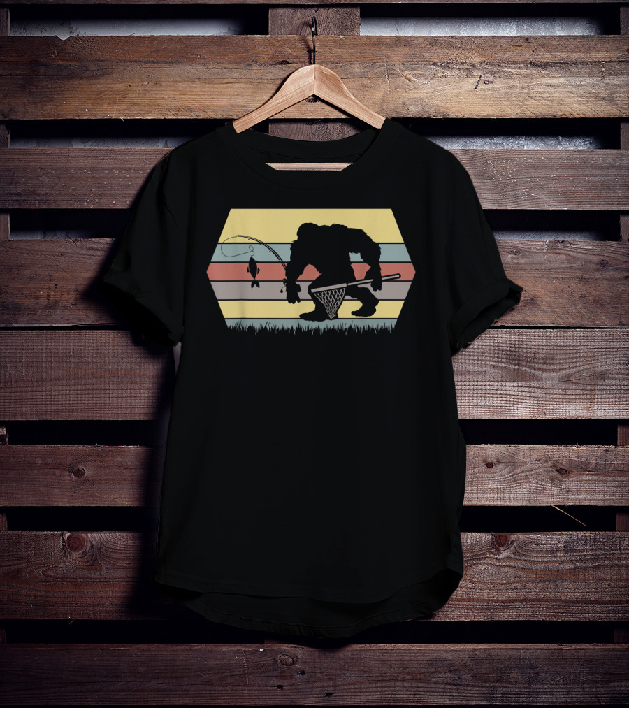 Funny Big Foot Fishing Silhouette Retro Stripes T-Shirt