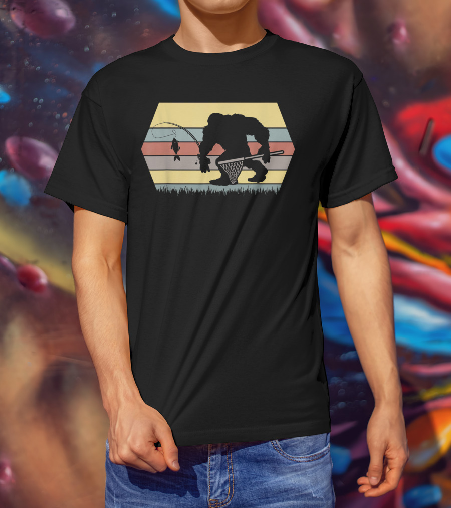 Funny Big Foot Fishing Silhouette Retro Stripes T-Shirt