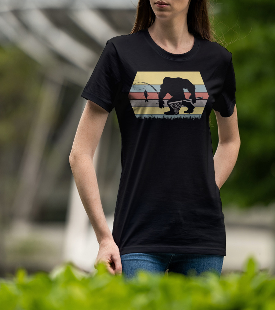 Funny Big Foot Fishing Silhouette Retro Stripes T-Shirt