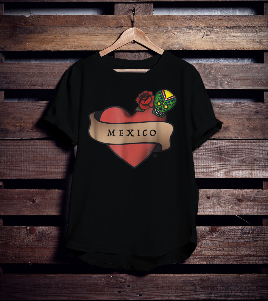 I Love Mexico Dia De Los Muertos Mexico Heart Sugar Skull Rose T-Shirt