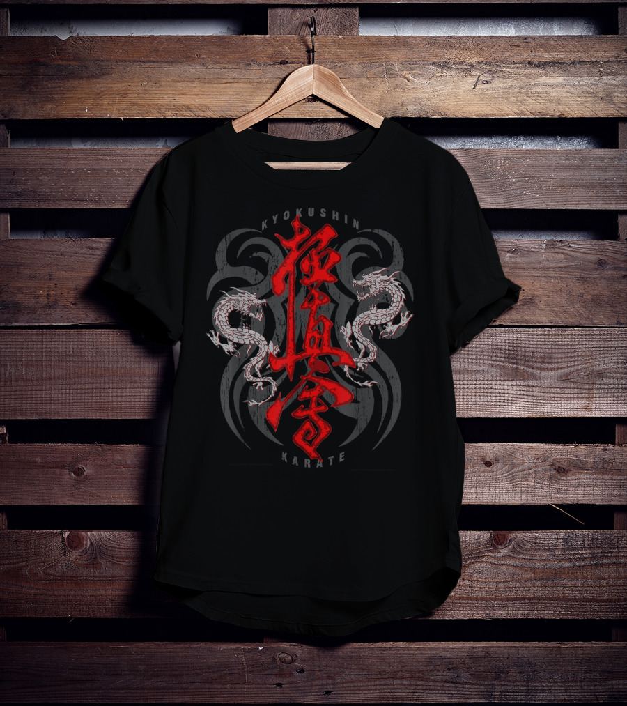 Kyokushin Karate Dragons And Kanji With Dual White Eastern Dragons T-Shirt