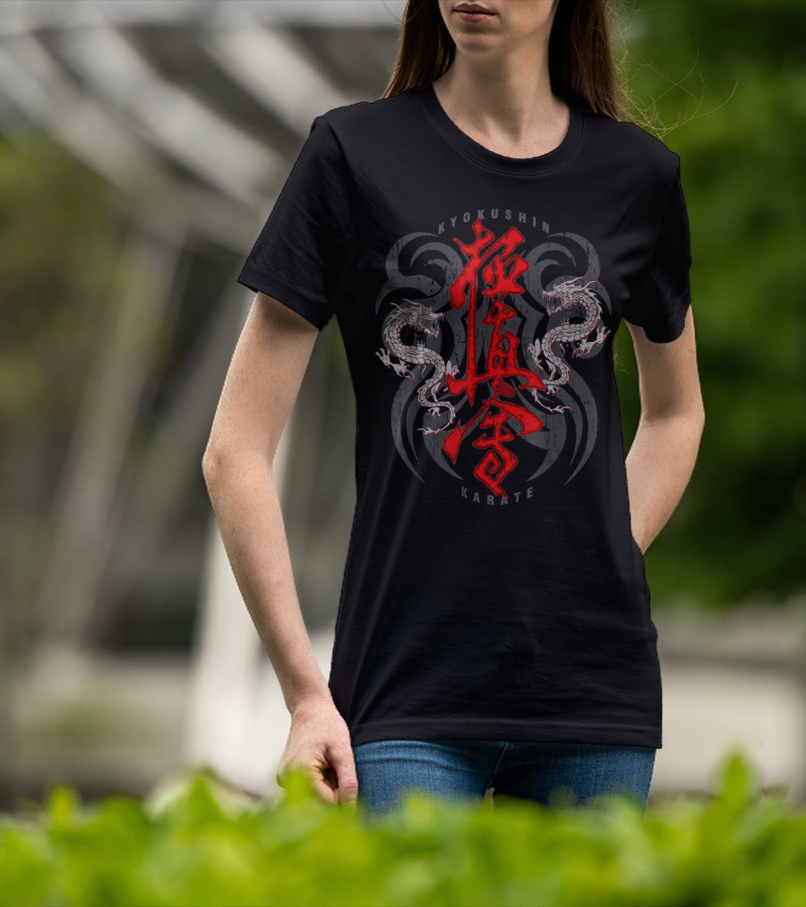 Kyokushin Karate Dragons And Kanji With Dual White Eastern Dragons T-Shirt