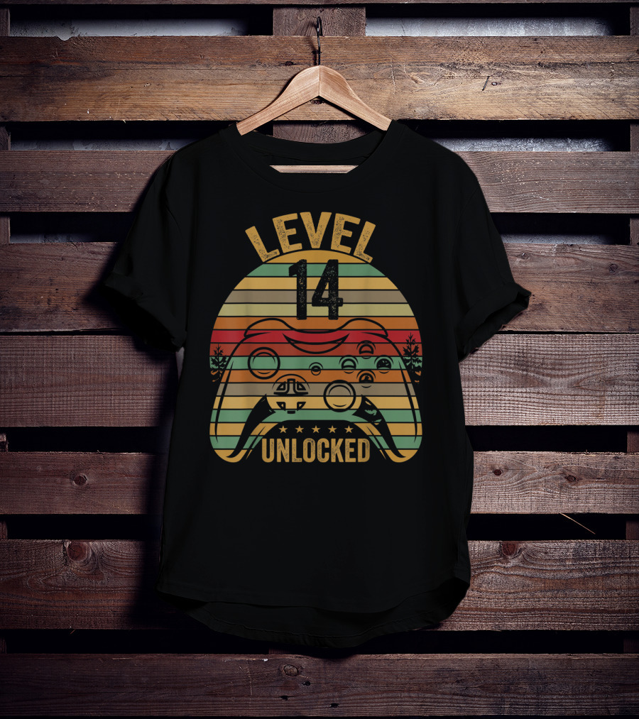 Level 14 Unlocked Gaming Themed Birthday 14 Year Old Boy Retro Controller T-Shirt