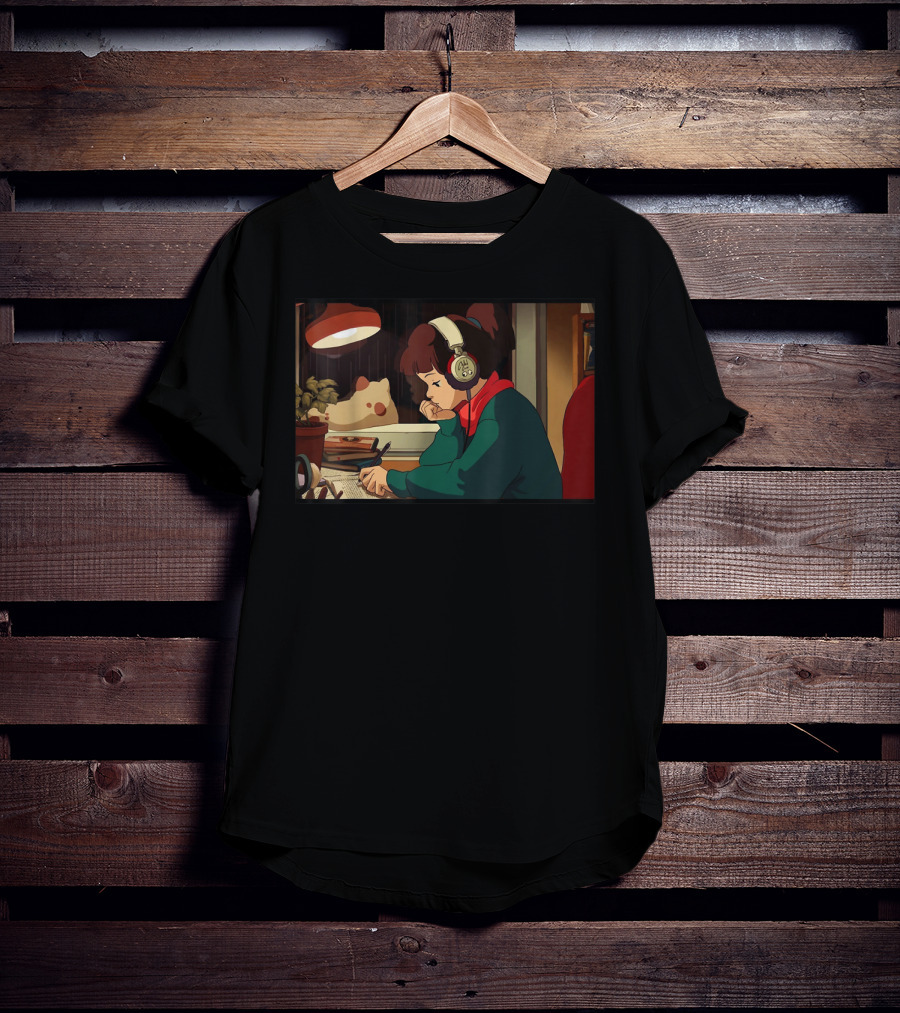 Lofi Hip Hop Chill Hop Relaxing Jazz Hop Beats Girl With Headphones Studying At Desk T-Shirt