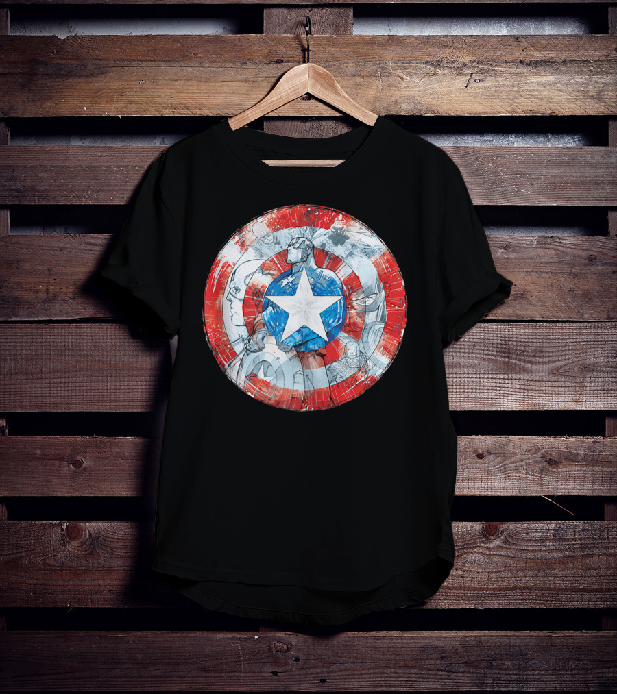 Captain America Marvel Shield With Heroic Comic Collage T-Shirt