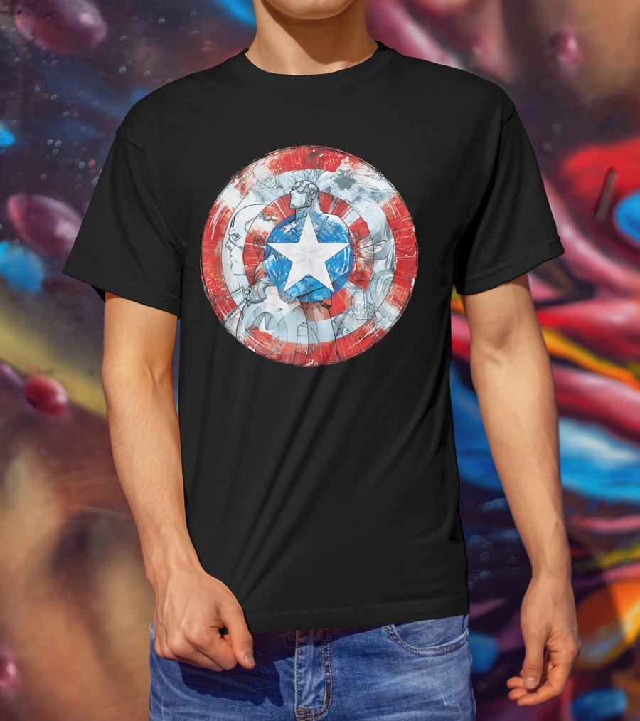 Captain America Marvel Shield With Heroic Comic Collage T-Shirt