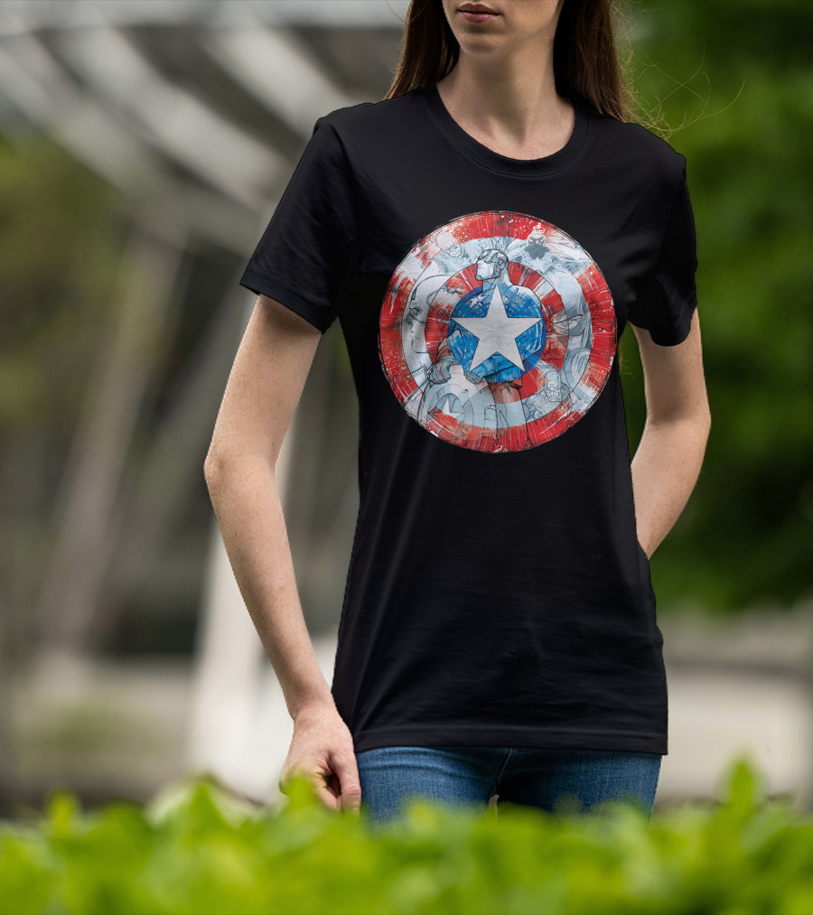 Captain America Marvel Shield With Heroic Comic Collage T-Shirt