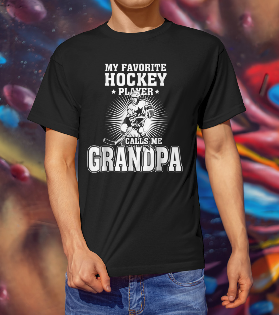 Mens My Favorite Hockey Player Calls Me Grandpa Starburst Ice Skater T-Shirt