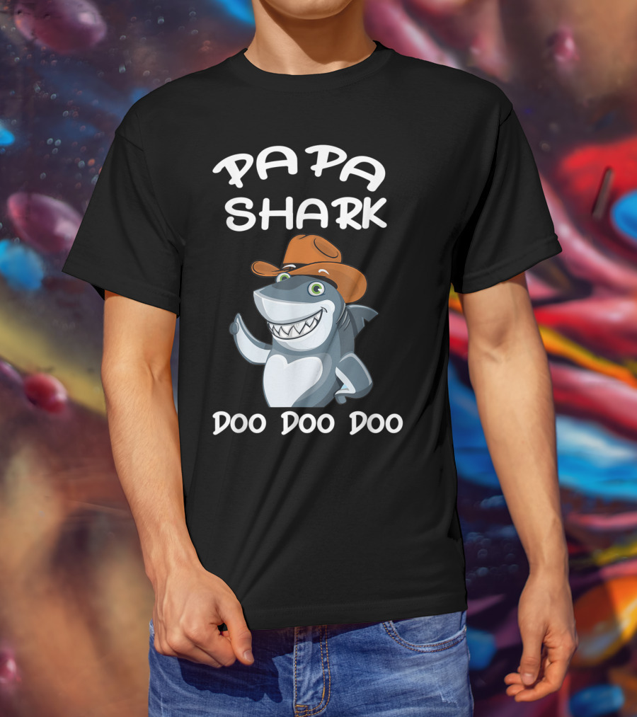 Papa Shark Doo Doo Doo Cartoon Cowboy Hat Father T-Shirt