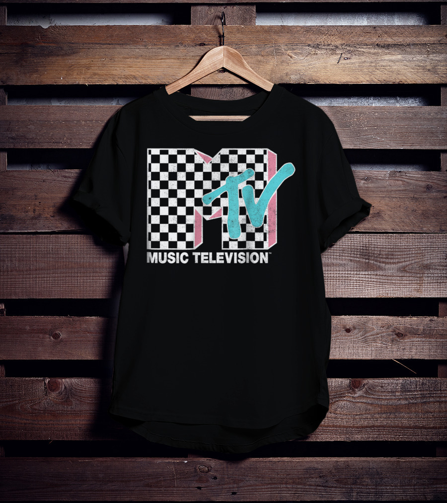MTV Music Television Neon Distressed Checkered T-Shirt