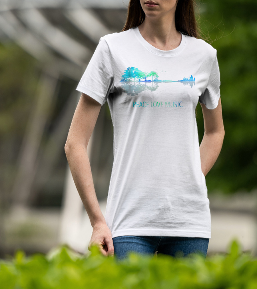 Peace Love Music Guitar Lake Shadow Tree Reflection T-Shirt