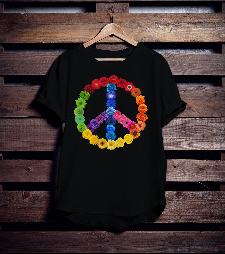 Rainbow Peace Sign Floral Love 70s 60s Retro Vibe T-Shirt