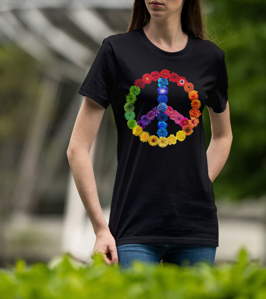 Rainbow Peace Sign Floral Love 70s 60s Retro Vibe T-Shirt
