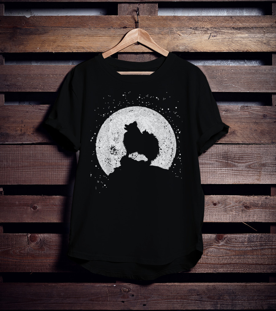 Pomeranian Howling Silhouette Against Full Moon Night Scene T-Shirt