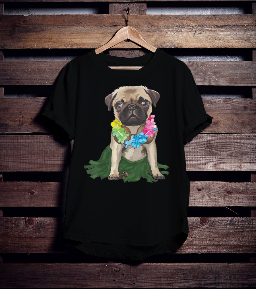 Pug Wearing Hawaiian Hula Skirt And Flower Lei Aloha Dance Animal T-Shirt