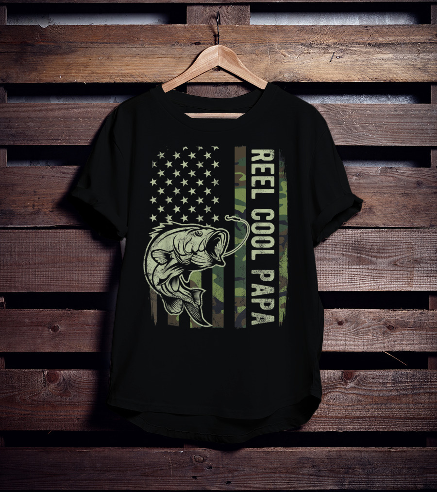 Reel Cool Papa Camouflage American Flag Fathers Fishing T-Shirt