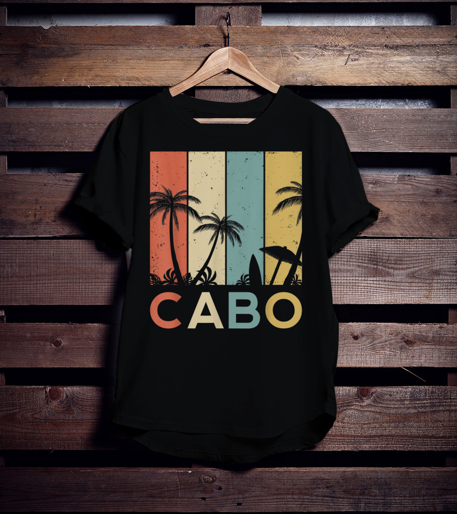 Retro Cabo San Lucas Mexico Tropical Palm Sunset Surfboard T-Shirt