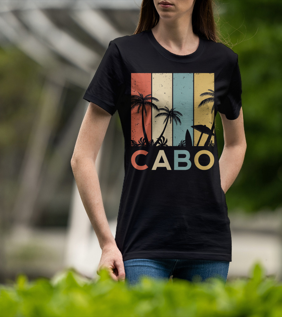 Retro Cabo San Lucas Mexico Tropical Palm Sunset Surfboard T-Shirt