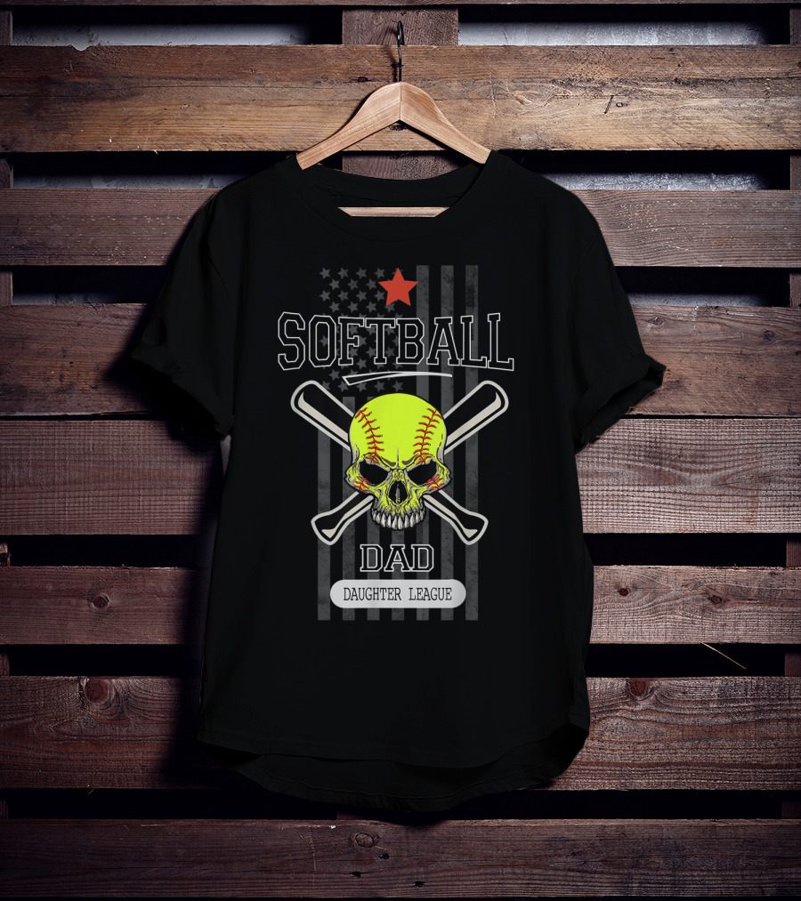 SOFTBALL DAD DAUGHTER LEAGUE Skull Crossed Bats Star Flag T-Shirt