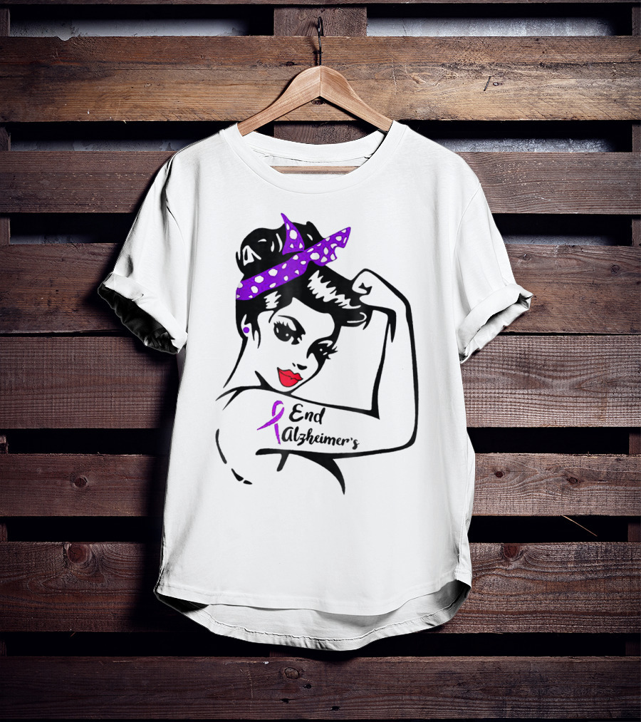 Strong Woman End Alzheimer's Awareness Purple Ribbon Rosie The Riveter T-Shirt