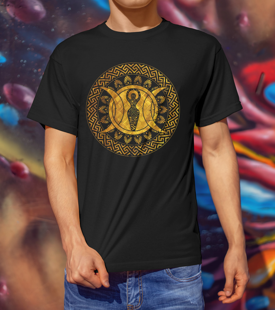 Triple Moon Wiccan Pagan Spiral Goddess Geometric Gold T-Shirt
