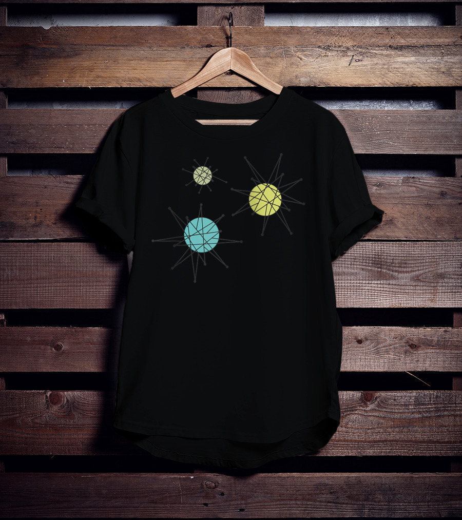 Vintage Franciscan Starburst Atomic Era Raglan Bas Colorful Celestial Orbs T-Shirt