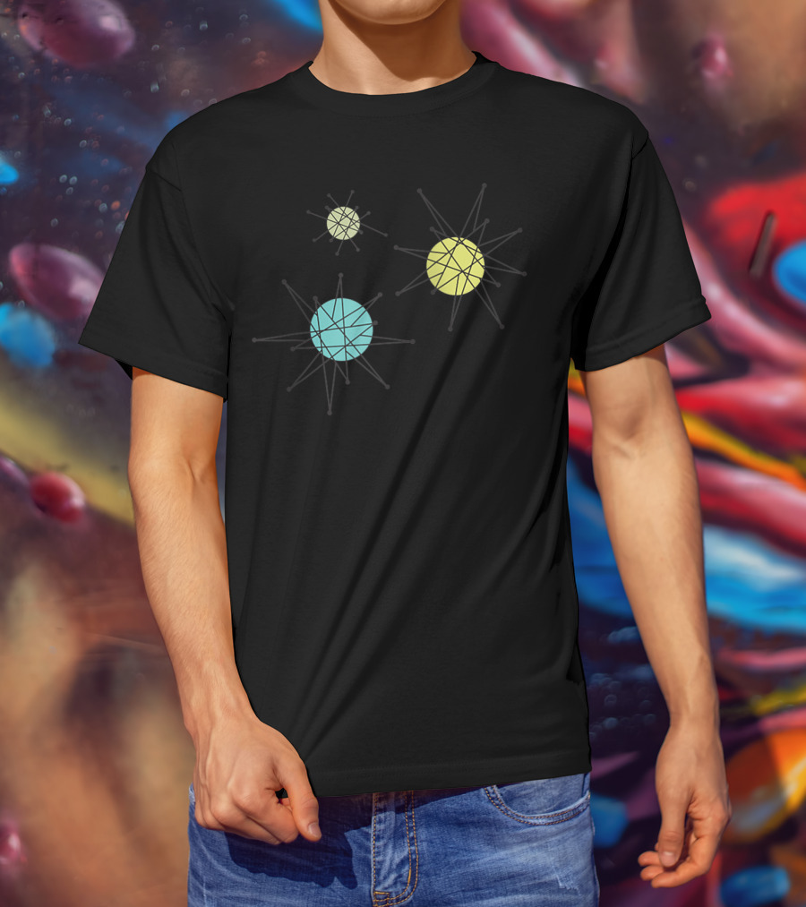 Vintage Franciscan Starburst Atomic Era Raglan Bas Colorful Celestial Orbs T-Shirt