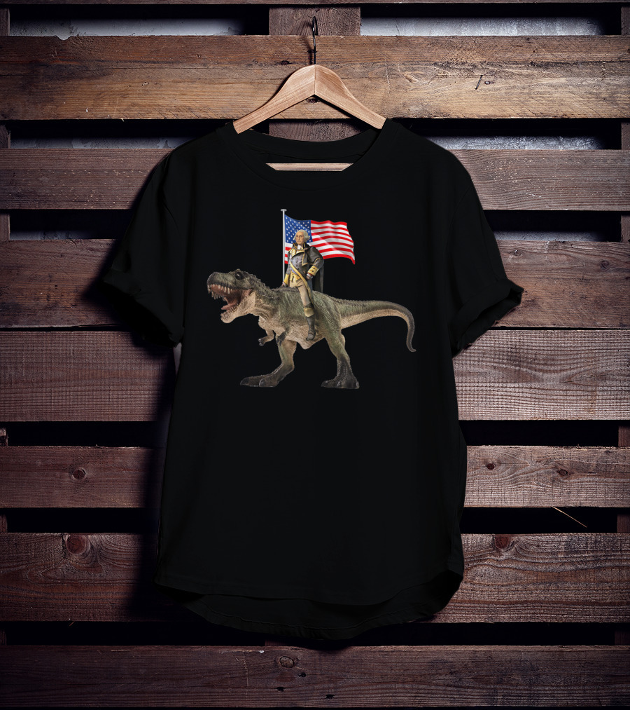 George Washington Riding T-Rex Dinosaur With American Flag T-Shirt