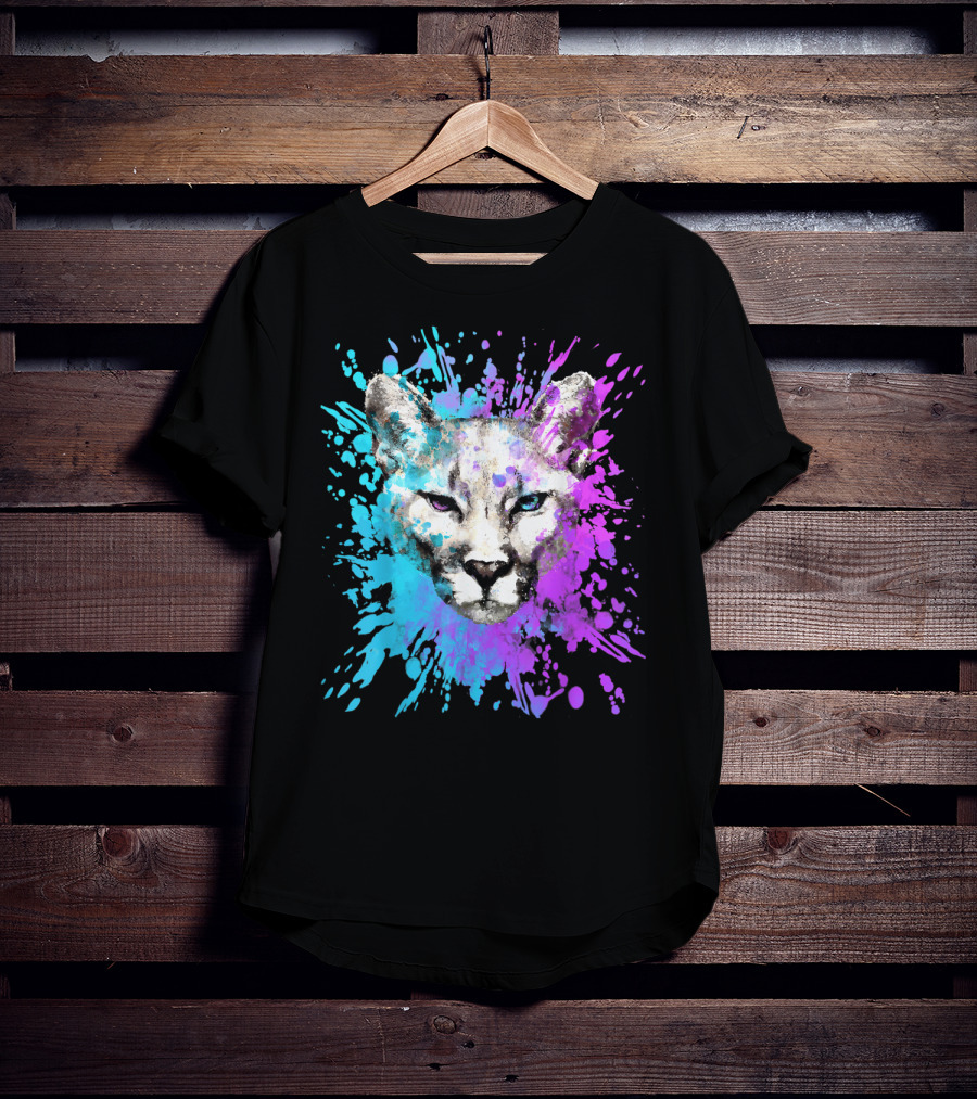 Watercolour Cougar Mountain Lion Artsy Splatter T-Shirt