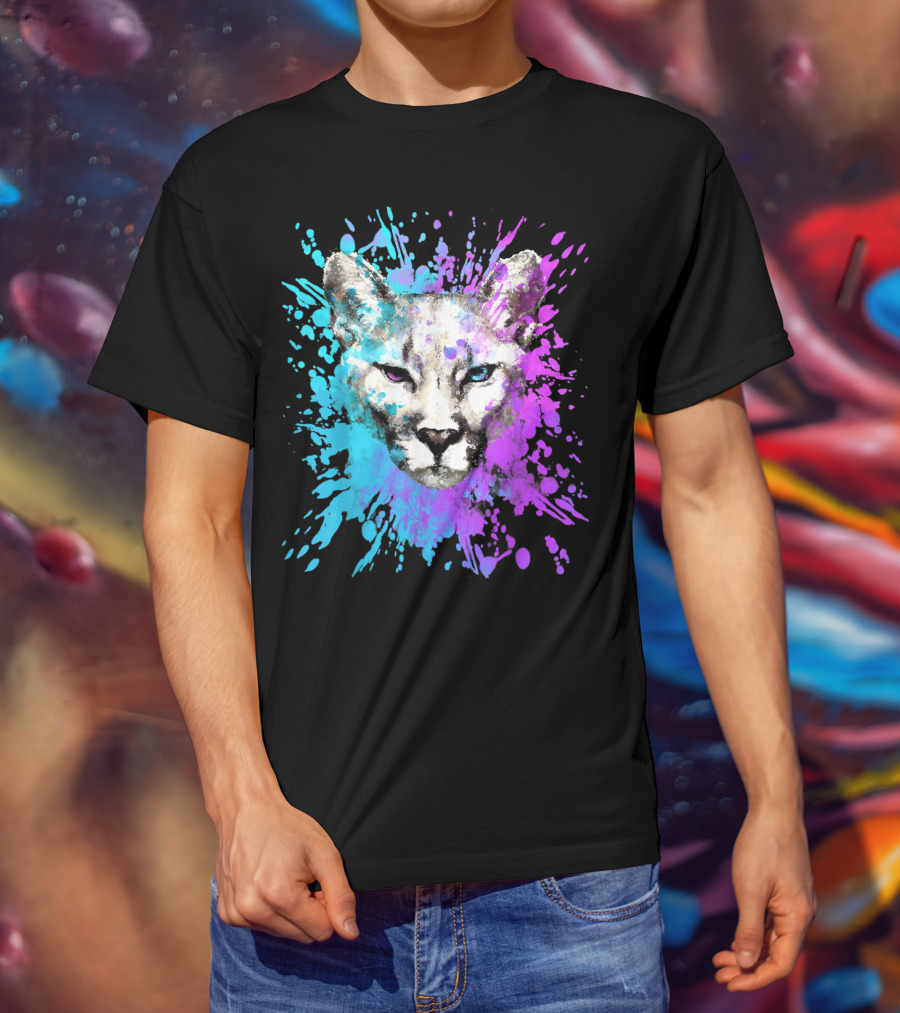 Watercolour Cougar Mountain Lion Artsy Splatter T-Shirt