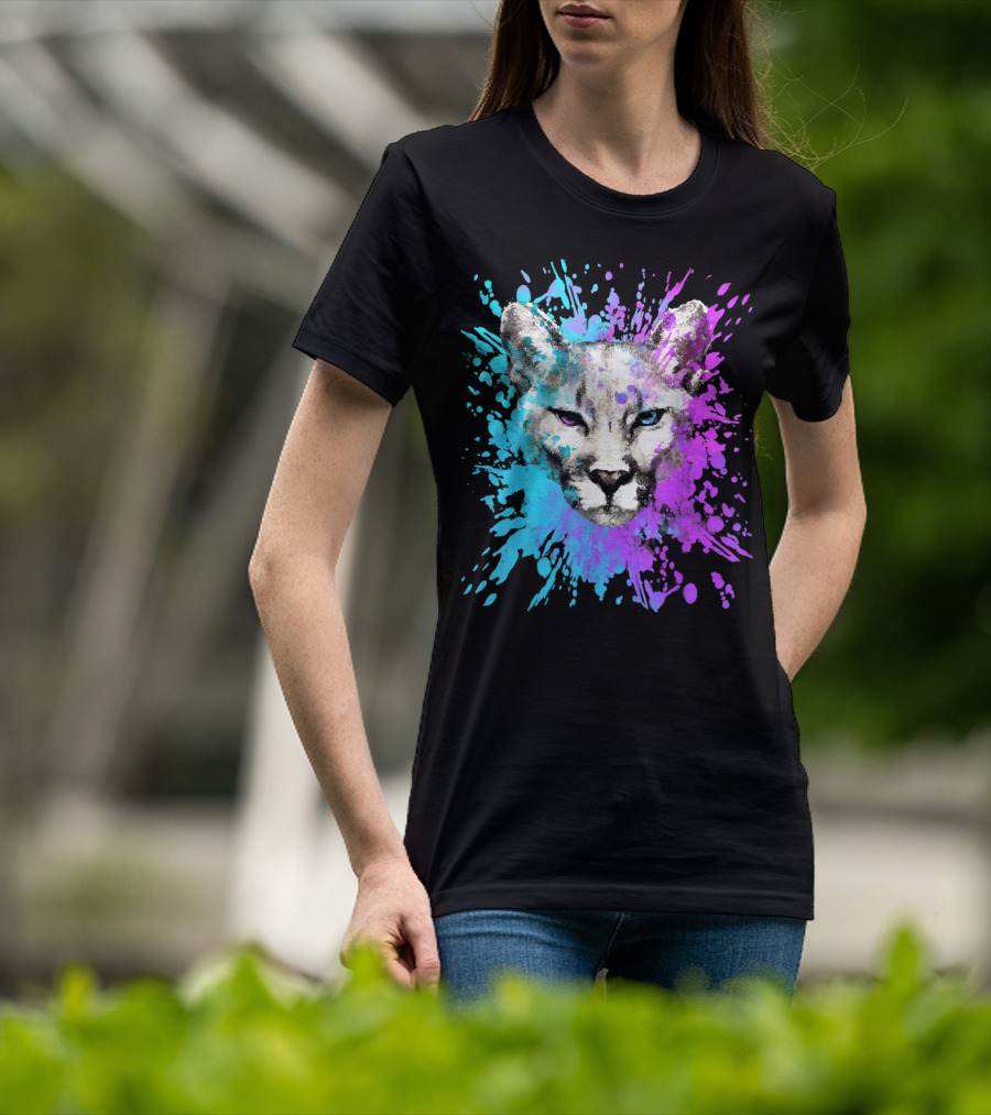 Watercolour Cougar Mountain Lion Artsy Splatter T-Shirt