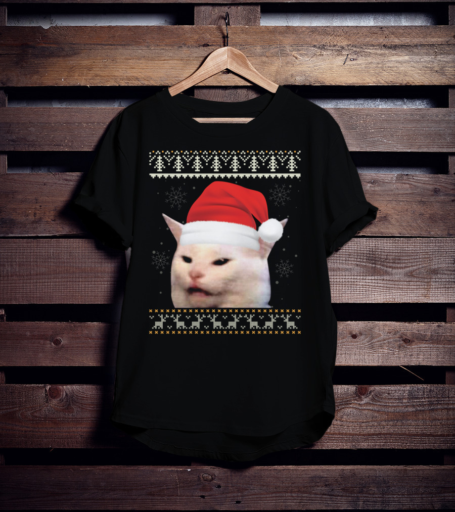 Confused Cat With Red Santa Hat And Christmas T-Shirt