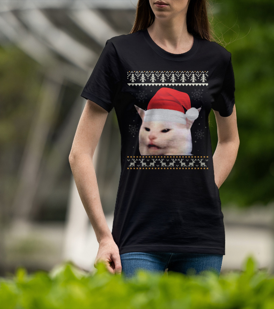 Confused Cat With Red Santa Hat And Christmas T-Shirt