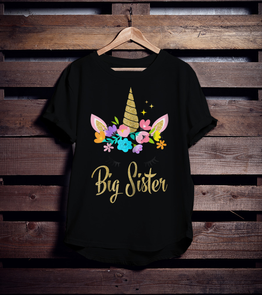 Big Sister Unicorn Floral Horn And Ears T-Shirt